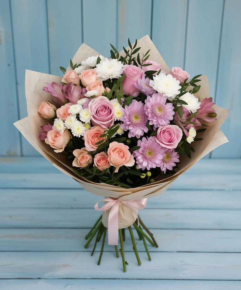 Букет цветов из: Хризантемы, Розы и Альстромерии в Кабардинка