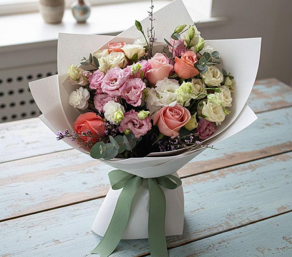 Букет цветов из: Розы, Лизиантусы и Гвоздики в Кабардинка